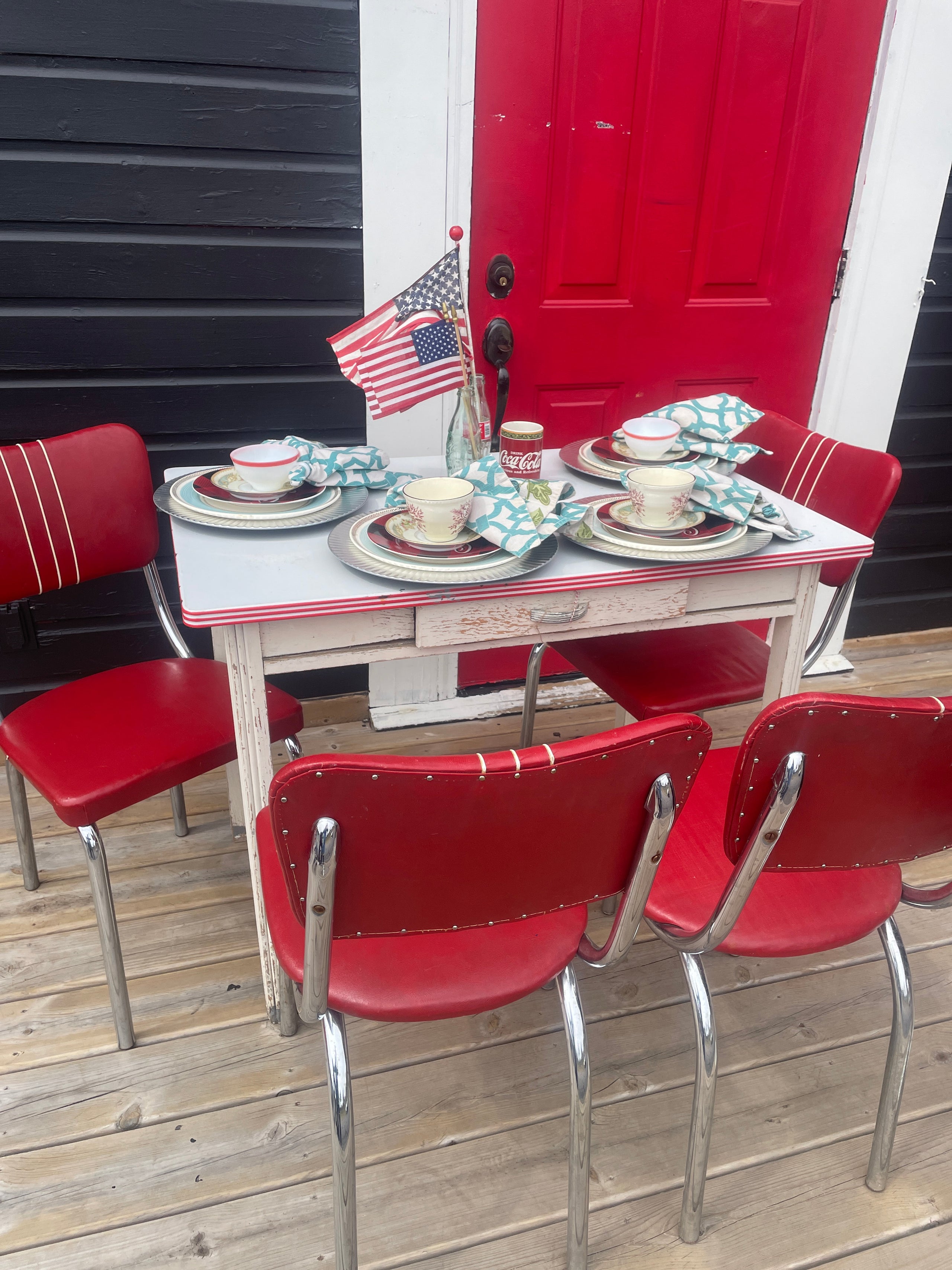 Vintage Enamelware Table and red chairs White Arrows Home The Shop
