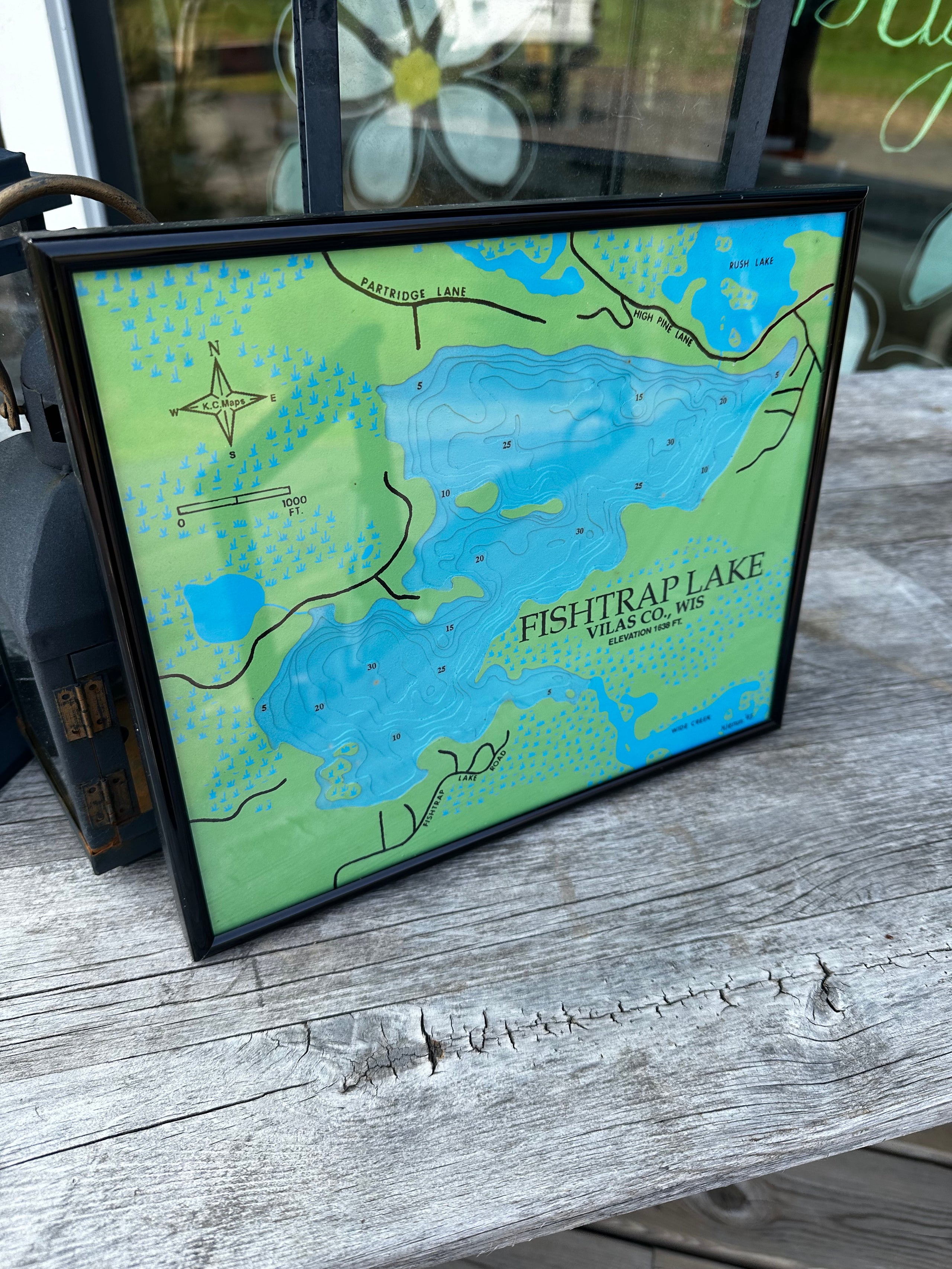 Fishtrap Lake Framed bathymetric Art | White Arrows Home The Shop